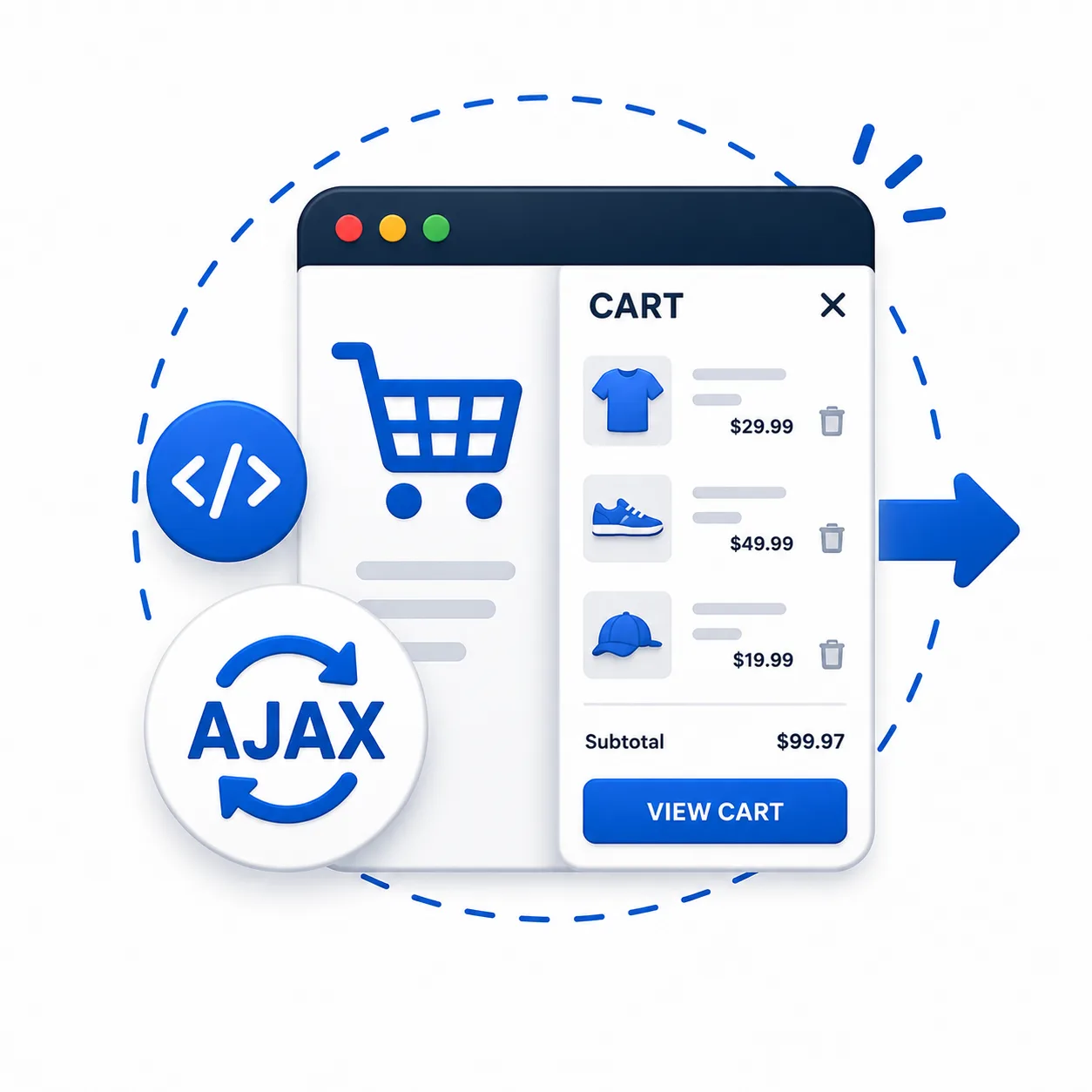 Ajax cart drawer icon showing a slide-out shopping cart with dynamic product updates and fast eCommerce checkout functionality.