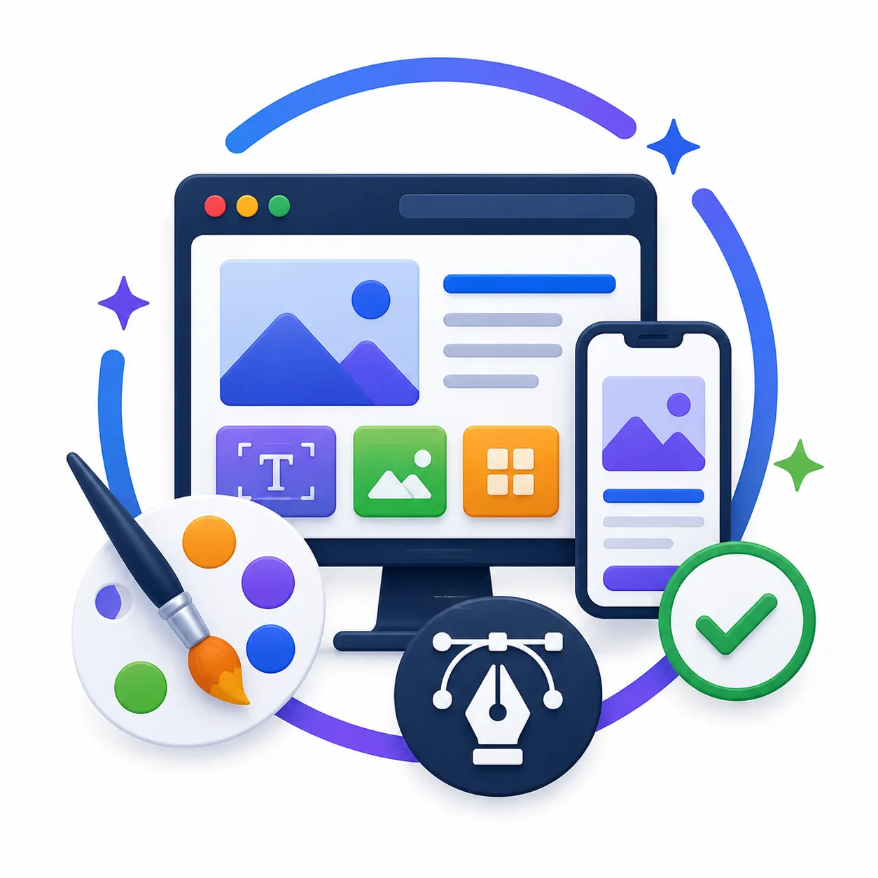 Modern UI and UX modernization icon featuring website redesign, responsive interface, mobile optimization, and creative design elements.