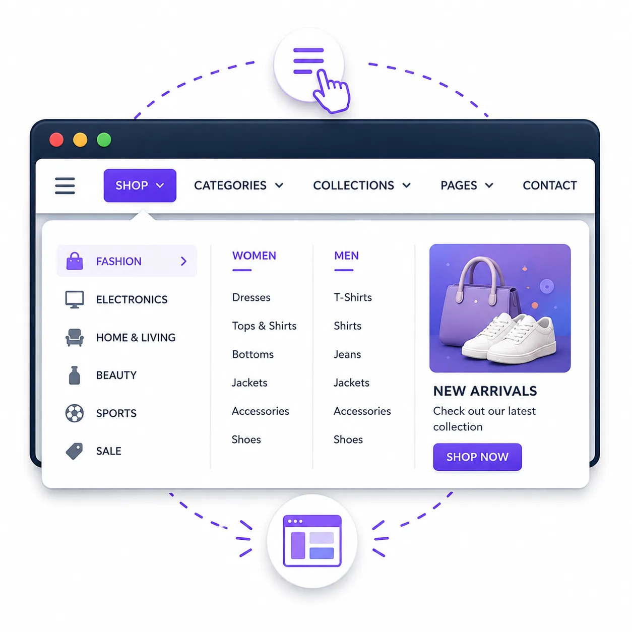 Interactive mega menu icon showing a modern website navigation menu with expandable categories, dropdown layout, and responsive eCommerce navigation.
