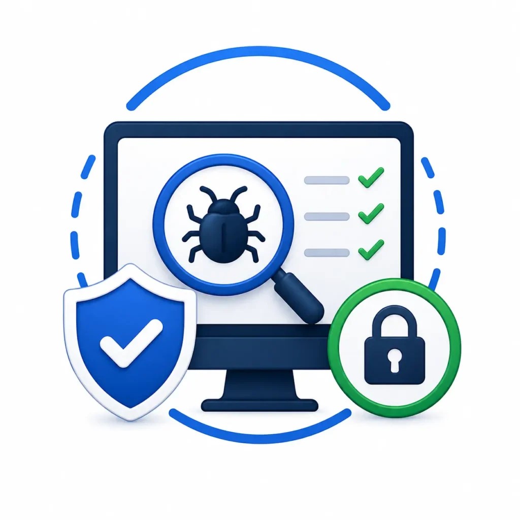 Cybersecurity icon showing malware scan, vulnerability detection, security shield, and website protection for WordPress websites.