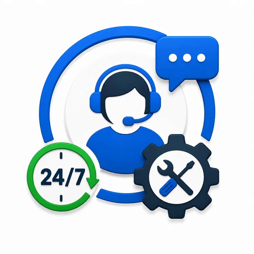 Priority technical support icon featuring a support agent with headset, 24/7 assistance, live chat, and website maintenance tools.