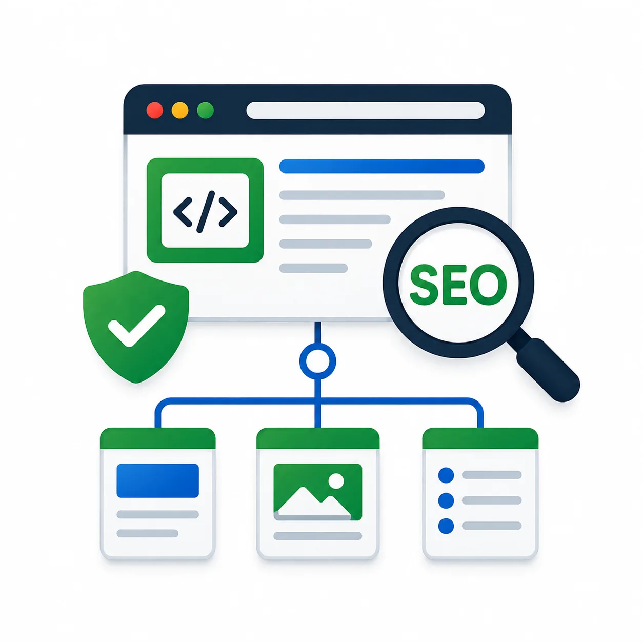 SEO-Friendly Architecture icon representing optimized website structure, clean code, search engine indexing, technical SEO, and improved website performance.