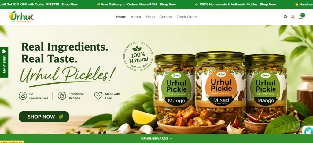 URHUL Homemade Pickles Banner Featuring Natural Mango and Mixed Vegetable Pickles Made with Traditional Recipes No Preservatives and Authentic Indian Flavors
